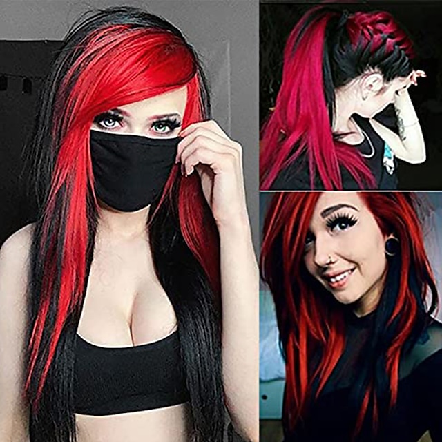  μακριά κόκκινη μαύρη περούκα μεταξωτή ίσια μαλλιά συνθετικά ανθεκτικά στη θερμότητα πλαϊνά κτυπήματα γυναικεία περούκα αποκριάτικες περούκες