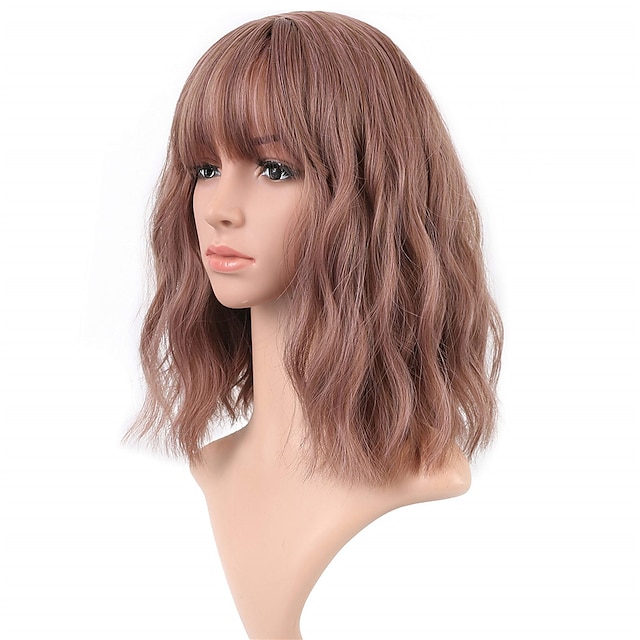 Beauty & Hair Wigs & Hair Pieces | Natural Wavy Wig With Air Bangs Short Bob Grey Blue Wigs Womens Shoulder Length Wigs Curly Wa