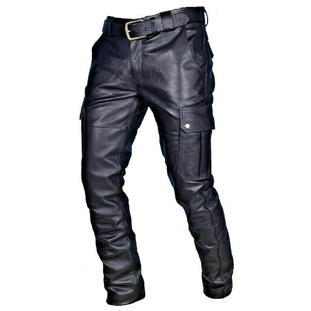 Men's Trousers Faux Leather Pants Casual Pants Multi Pocket Solid Color ...