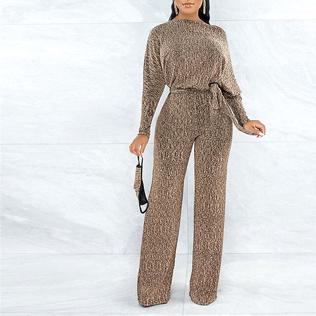 Women's Jumpsuit Sparkly Lace up Solid Color One Shoulder Casual Daily Party Street Wide Leg Regular Fit Long Sleeve Gold S M L Spring4