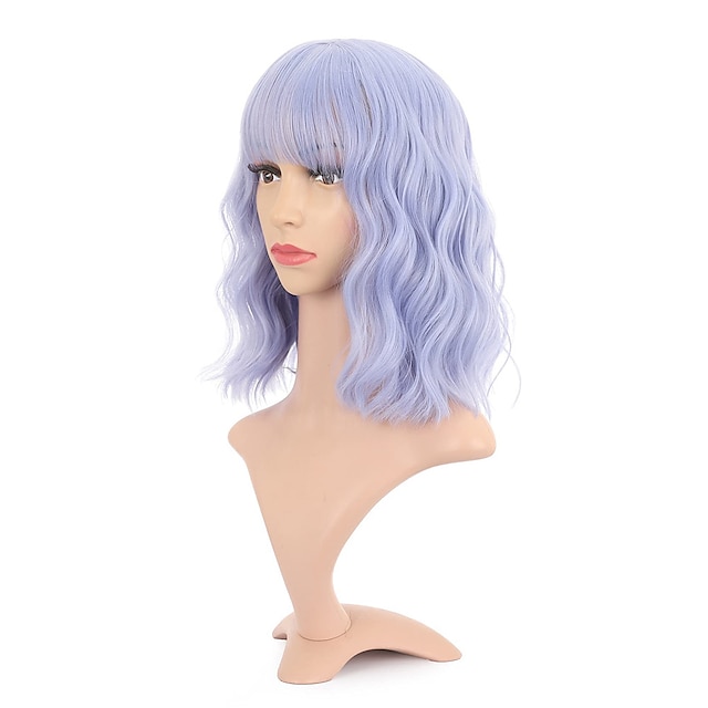 Beauty & Hair Wigs & Hair Pieces | Natural Wavy Wig With Air Bangs Short Bob Grey Blue Wigs Womens Shoulder Length Wigs Curly Wa