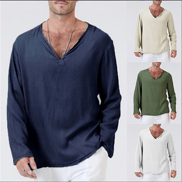  Men's  Shirt  Solid Color V Neck Casual Daily Long Sleeve Tops Lightweight Fashion Muscle Big and Tall Green White Black / Summer