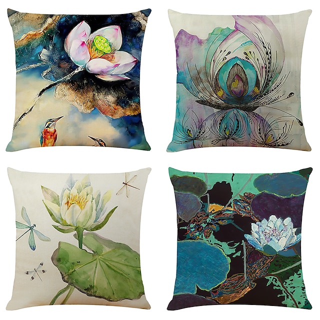 Home & Garden Home Decor | Oil Painting Lotus Double Side Cushion Cover 4PC Soft Decorative Square Throw Pillow Cover Cushion Ca