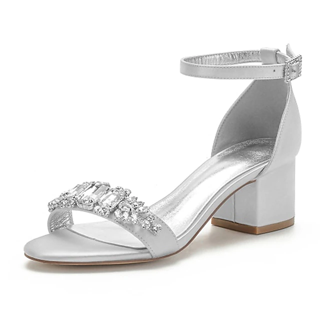 Women's White Blue Rhinestone Embellished Block Heel Wedding Sandals with Ankle Strap - Comfortable Low Heel Elegant Bridal and Evening Shoes2
