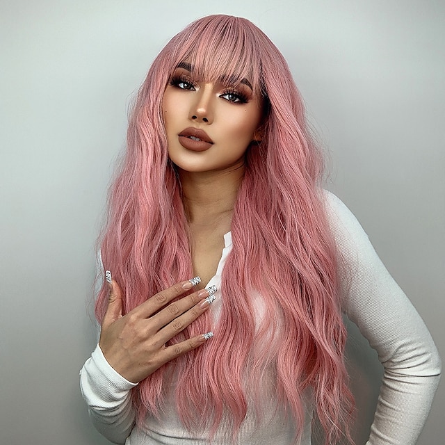 Beauty & Hair Wigs & Hair Pieces | HAIRCUBE Long Pink Wig with Bangs Natural Wave Heat Resistant Culy Hair Synthetic Wigs for Wo