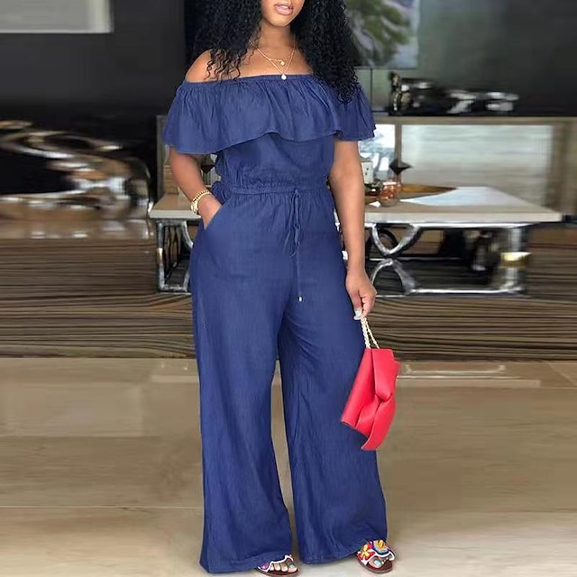 

Women's Jumpsuit Backless Ruffle Solid Color Off Shoulder Active Street Casual Regular Fit Short Sleeve Blue Light Blue M L XL Spring