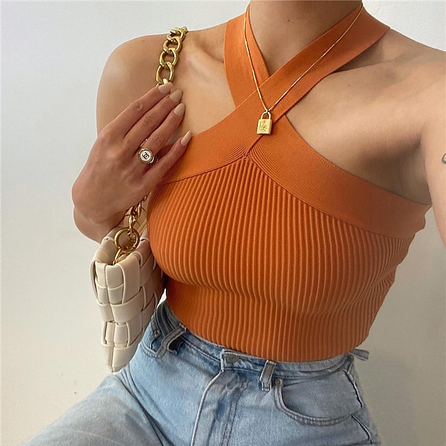 

Women's Vest Knitted Pure Color Stylish Casual Soft Sleeveless Sweater Cardigans Halter Neck Spring Summer Blue Black Orange