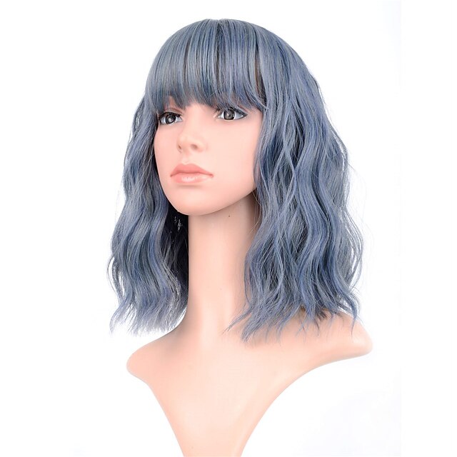 Beauty & Hair Wigs & Hair Pieces | Natural Wavy Wig With Air Bangs Short Bob Grey Blue Wigs Womens Shoulder Length Wigs Curly Wa