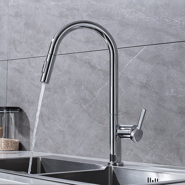  Kitchen Faucet with Pull-out Spray,Single Handle One Hole Brass High Arc 2-modes 360°Rotatable Modern Contemporary Kitchen Taps