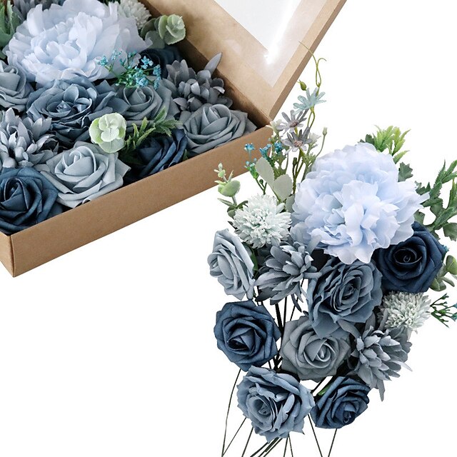 5 Roses LIGHT BLUE Wedding Centerpieces Bridal Bouquet Silk Flowers Sheer Petals 