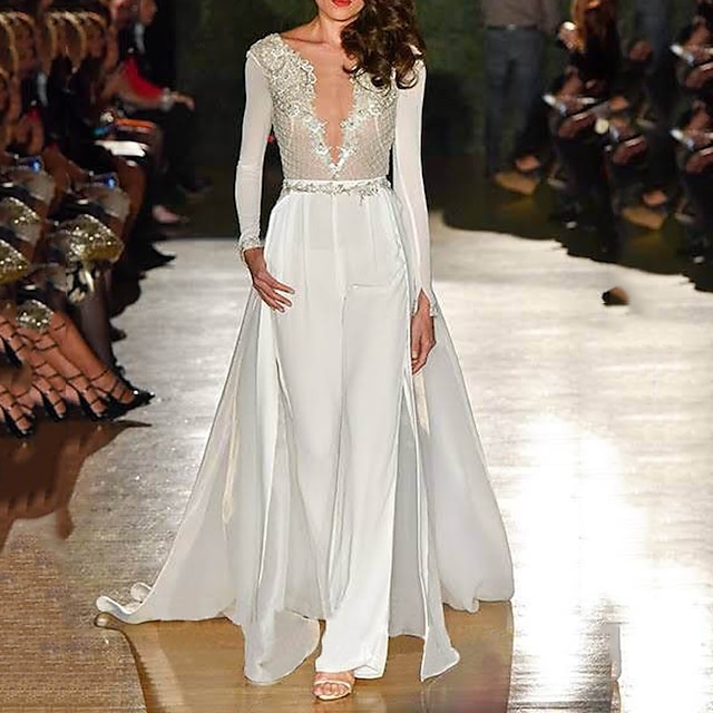 

Women's Jumpsuit Lace With Train Solid Color Deep V Elegant Party Wedding Regular Fit Long Sleeve White S M L Spring