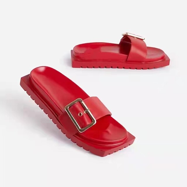 

Women's Slippers Buckle Flat Heel Peep Toe Casual Daily PU Leather Loafer Summer Solid Colored White Black Light Green
