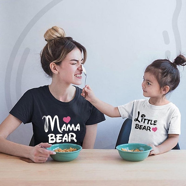 Baby & Kids Matching Outfits | Mommy and Me Valentines T shirt Tops Cotton Heart Letter Daily Print White Black Gray Short Sleev