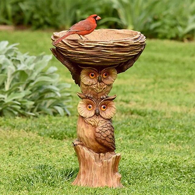 Resin Owl And Birds Bird Bath Garden Yard Lawn Ornament Bird Feeder Garden Decoration Outdoor