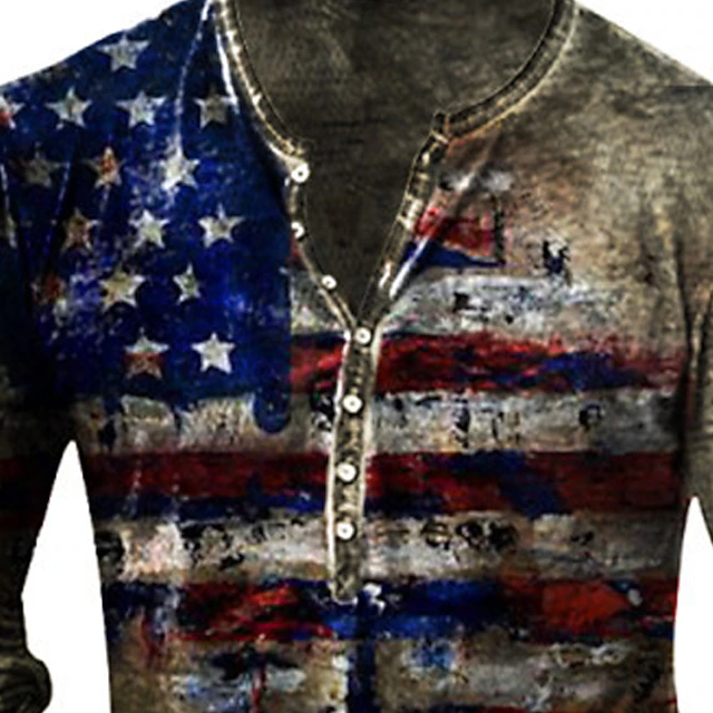 Men's T shirt Tee Henley Shirt Tee Vintage Retro Basic Shirt Graphic American Flag Long Sleeve Shirt Black Yellow Red Street Casual Daily Henley Spring & Fall Clothing Apparel Plus Size S M L XL 2XL 6