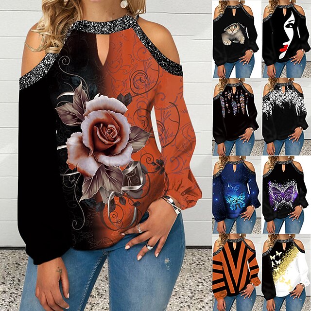 print explosive elements spring hot selling     women‘s clothing halter button silver edge off-the-shoulder top