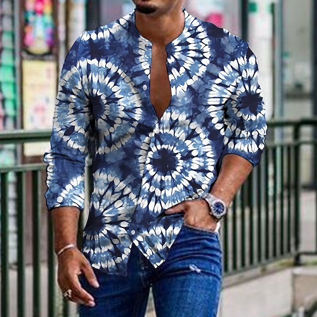  Men's Shirt Graphic Shirt Tie Dye Stand Collar Blue Green Gray 3D Print Outdoor Casual Long Sleeve Print Button-Down Clothing Apparel Fashion Designer Casual Comfortable