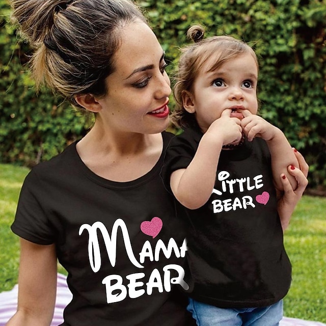 Baby & Kids Matching Outfits | Mommy and Me Valentines T shirt Tops Cotton Heart Letter Daily Print White Black Gray Short Sleev