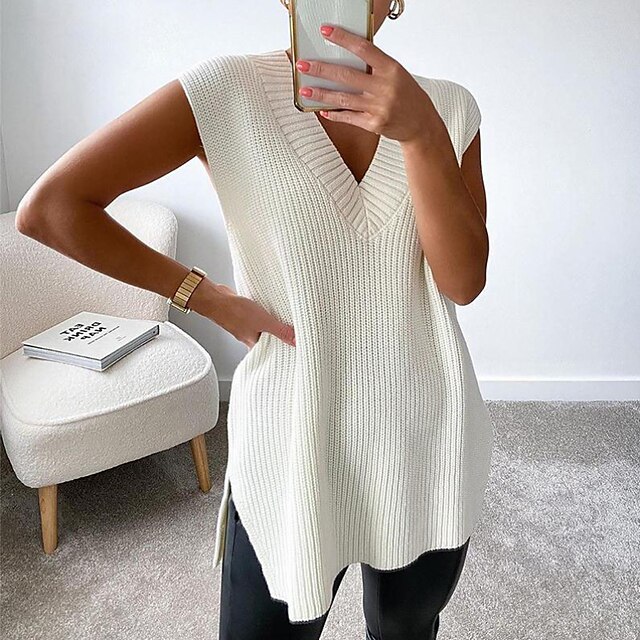 

Women's Vest Knitted Pure Color Stylish Casual Soft Sleeveless Regular Fit Sweater Cardigans V Neck Spring Summer White Black Khaki / Going out