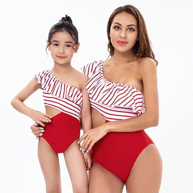  Mommy and Me Swimsuit Striped Color Block Red Sleeveless Adorable Matching Outfits