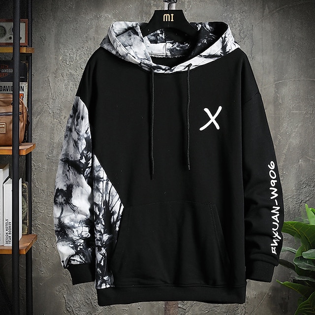 Men's Hoodie Black White Hooded Graphic Color Block Letter Patchwork ...