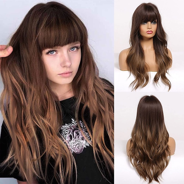 Beauty & Hair Wigs & Hair Pieces | long brown wigs for women -natural wavy hair synthetic wigs with bang - RD85751