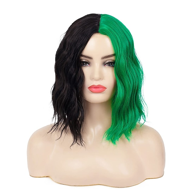 Beauty & Hair Wigs & Hair Pieces | Half Black Half Green Wigs for Women Short Wavy Middle Part Split Wig Synthetic Cosplay Hair 