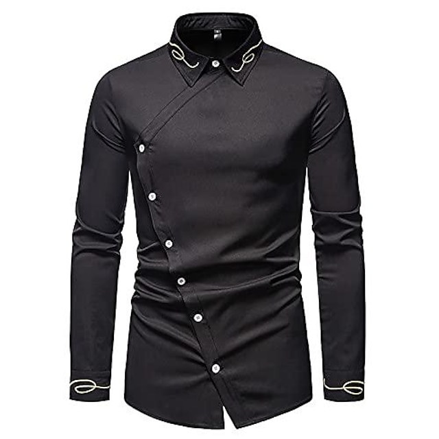  Men's Embroidered Asymmetric Lapel Long-Sleeved Shirt Fashion Casual Slim Fit Oblique Button Western Denim Top Shirt