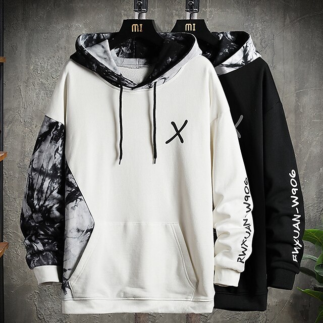 Men's Hoodie White Black Hooded Graphic Color Block Letter Patchwork ...