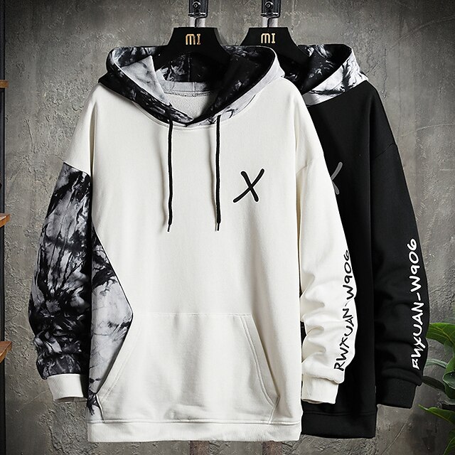 Men's Hoodie Black White Hooded Graphic Color Block Letter Patchwork ...