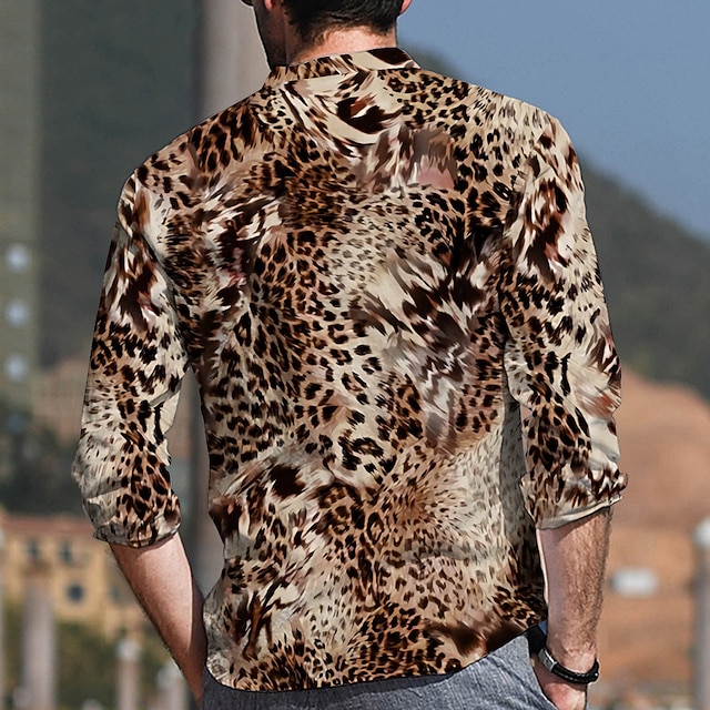 Mens Leopard Print Shirt Men's Shirt Stand Collar Black Red Purple