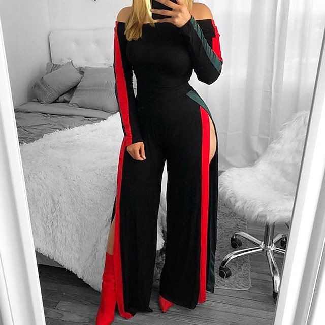 

Women's Jumpsuit Patchwork Color Block Off Shoulder Casual Casual Daily Regular Fit Long Sleeve White Black S M L Spring