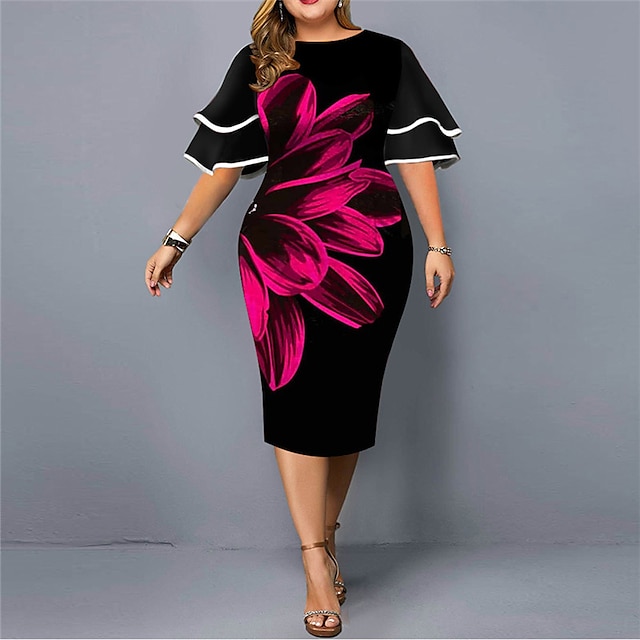 Womens Clothing Plus Size Collection | Womens Plus Size Sheath Dress Floral Round Neck Print Short Sleeve Spring Summer Work Cas