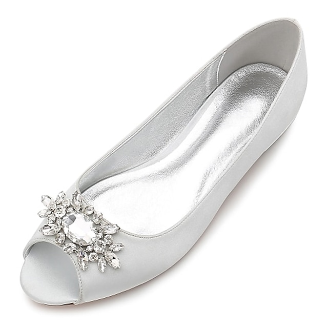  Mulheres Sapatos De Casamento Sapatos Brilhantes Sapatos de noiva Cristais Sem Salto Peep Toe Básico Cetim Mocassim Prata Preto Branco
