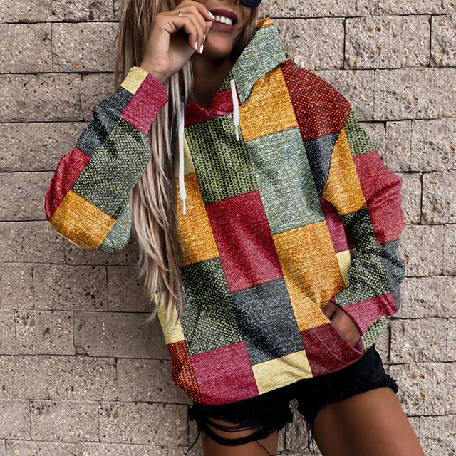 

Women's Hoodie Sweatshirt Plaid Checkered Front Pocket Print Daily Sports 3D Print Active Streetwear Hoodies Sweatshirts Green Blue Yellow