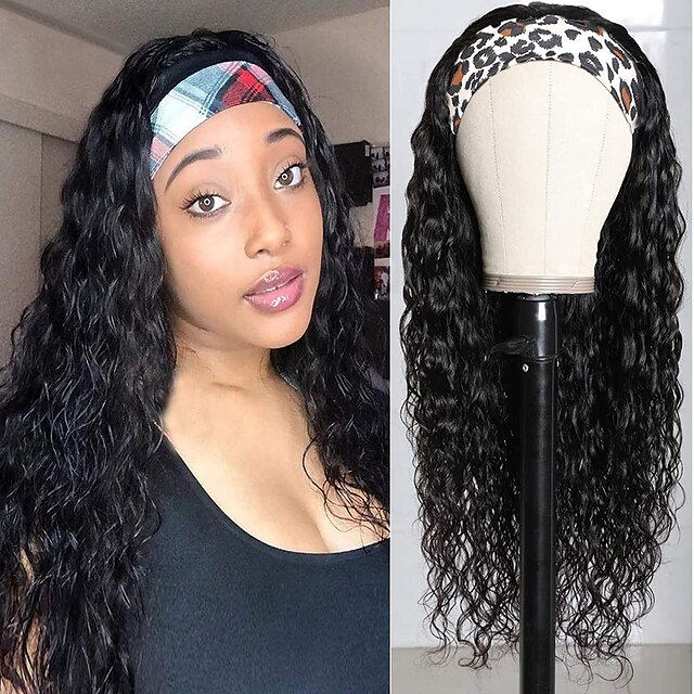 

Human Hair Wig Long Water Wave With Headband Natural Black Fashionable Design Classic Women Machine Made Brazilian Hair Women's Natural Black #1B 28 inch Party / Evening Daily Daily Wear