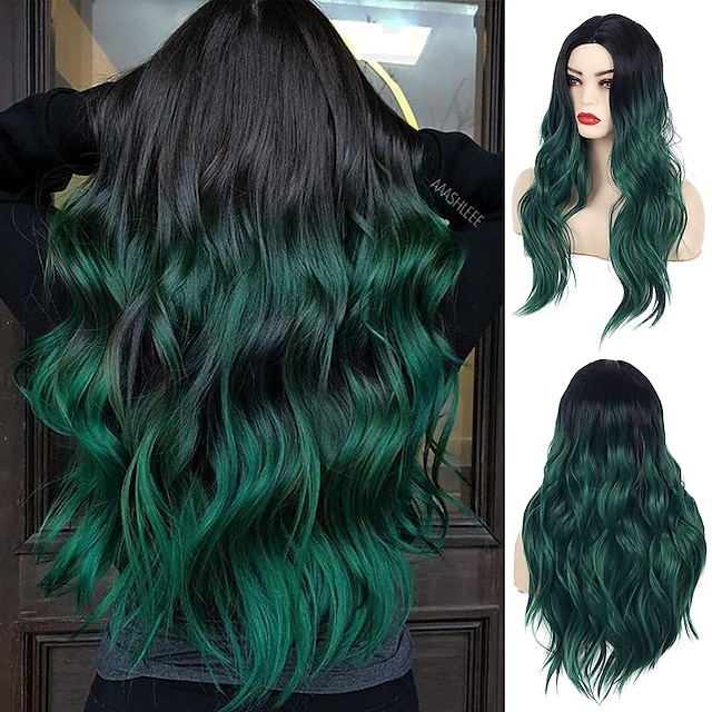 Beauty & Hair Wigs & Hair Pieces | Long Curly Wavy Gradient Black Green Wig Synthetic Natural Mid Cosplay Costume Wig for Women 