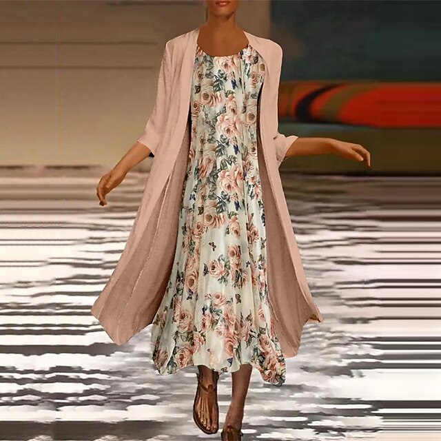 

Women's Two Piece Dress Maxi long Dress Blue White Pink 3/4 Length Sleeve Floral Print Spring Summer Round Neck Stylish Casual Modern 2022 S M L XL XXL 3XL