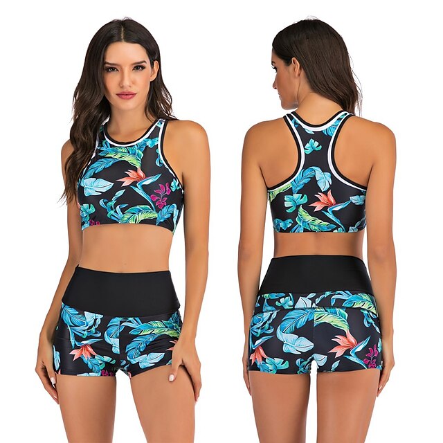  Women's Tankini Two Piece Swimsuit Racerback Bathing Suit Floral / Botanical Swimwear Black Blue Ultra Light (UL) Breathable Quick Dry Sleeveless - Swimming Surfing Water Sports Summer / Stretchy