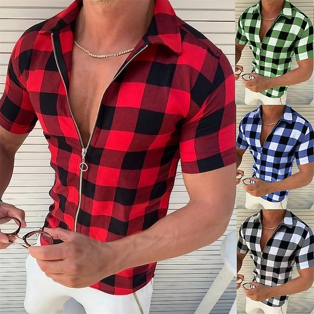 Men's Shirt Summer Shirt Plaid Shirt Checked Shirts Red Blue Green Gray Short Sleeve Plaid / Check Lattice Turndown Outdoor Street Print Clothing Apparel Polyester Fashion Casual Breathable 5