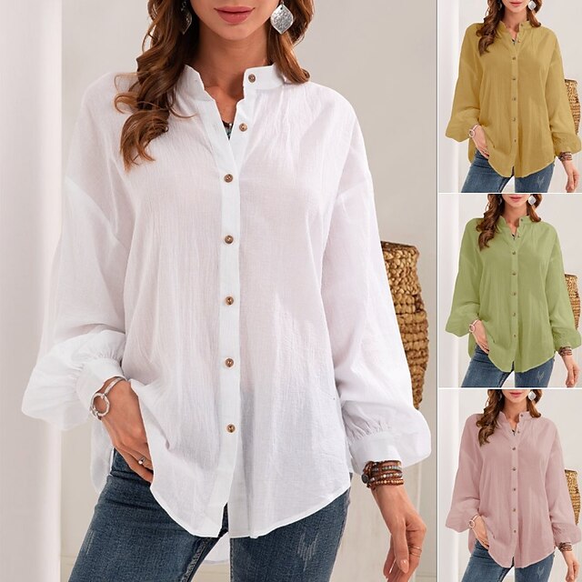  Women‘s Blouse Shirt Basic Button Plain Daily V Neck Regular Spring &  Fall Green White Pink Yellow