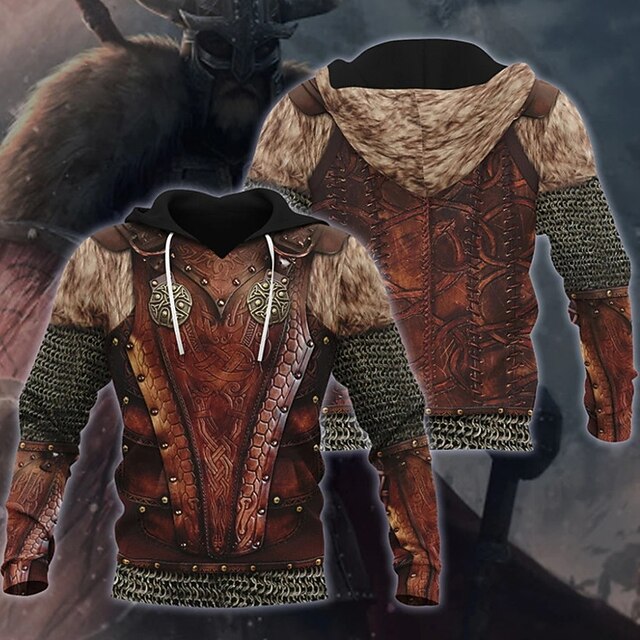 Men's Graphic Armor Viking Hoodie Hoodies Sweatshirt Vintage Streetwear Long Sleeve Hooded Casual Daily Holiday Brown Lace up Fall Spring &  Fall Designer3