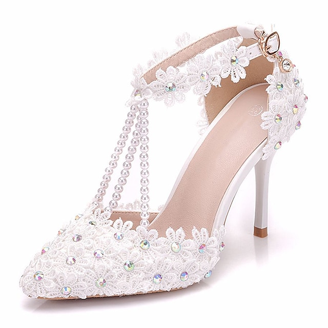  Women's Wedding Shoes Bridal Shoes Lace High Heel Pointed Toe Ankle Strap White Yellow Pink