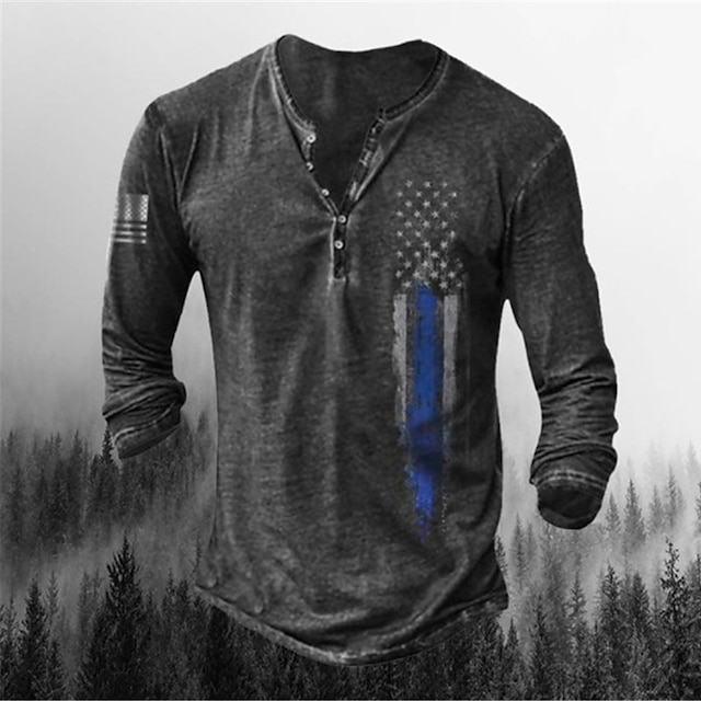  Men's T shirt Tee Henley Shirt Tee Long Sleeve Graphic Flag Henley Green Black Purple Dark Gray Red Plus Size Street Casual Button-Down Print Clothing Apparel Basic Casual Classic Big and Tall