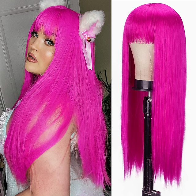  parrucca rosa capelli lunghi lisci parrucca lunga capelli lisci setosi con sintesi frangia parrucca colorata da 60,96 cm per la festa di halloween cosplay parrucche per feste di natale