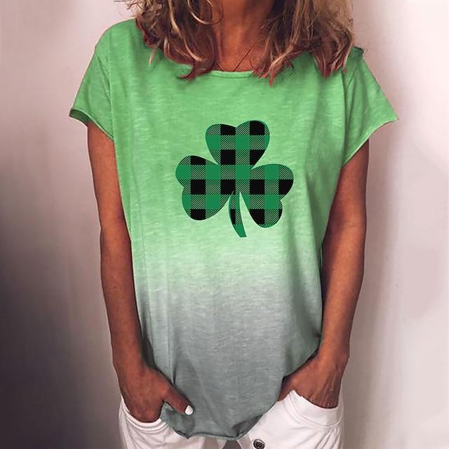 

Women's Floral Theme Lucky Painting T shirt Color Gradient Plaid Leaf Print Round Neck Basic Tops Green Blue Yellow / 3D Print