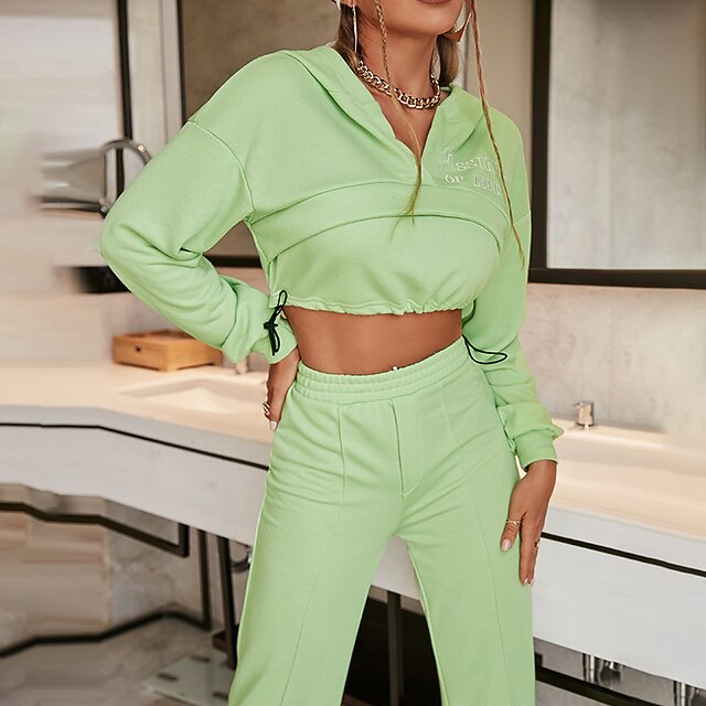 

Women's Streetwear Plain Sport Casual Two Piece Set Crop Top Hoodie Tracksuit Pant Jogger Pants Drawstring Tops