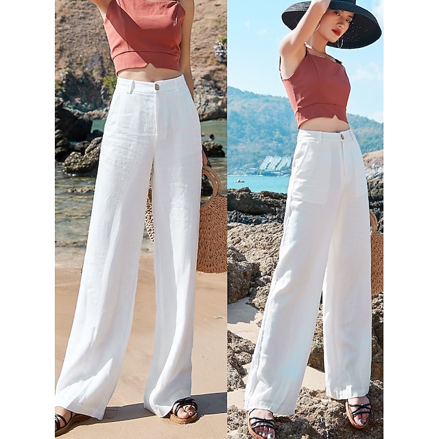 Pantalon large blanc en lin ceinture élastique - HORIZONS LOINTAINS