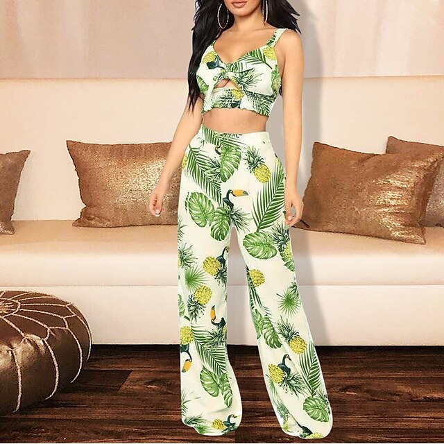 

Women's Boho Floral Leopard Printing Two Piece Set Crop Wide leg pants Tops