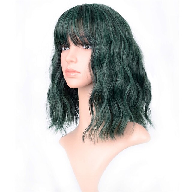 Beauty & Hair Wigs & Hair Pieces | Natural Wavy Wig With Air Bangs Short Bob Grey Blue Wigs Womens Shoulder Length Wigs Curly Wa